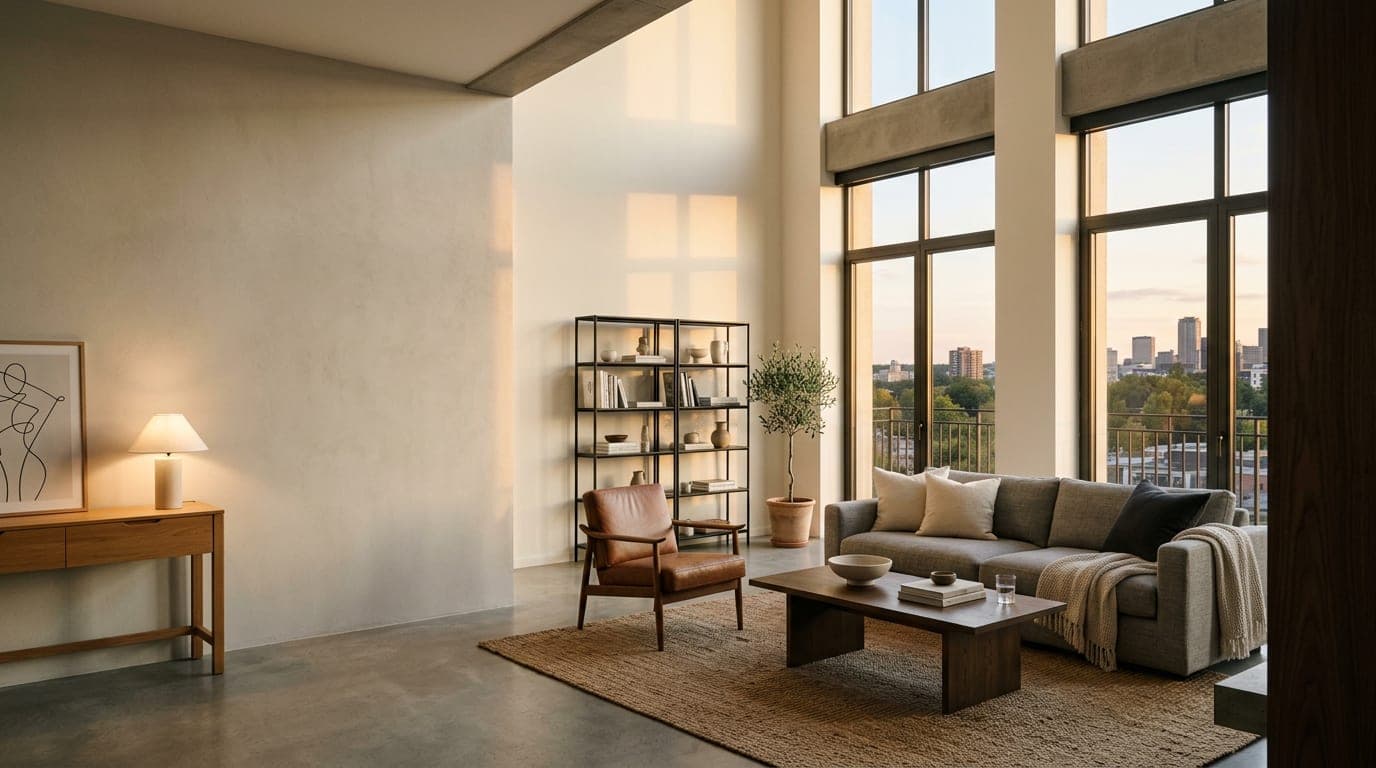 A bright, contemporary apartment living room with floor-to-ceiling windows, minimal furnishings, and premium materials.